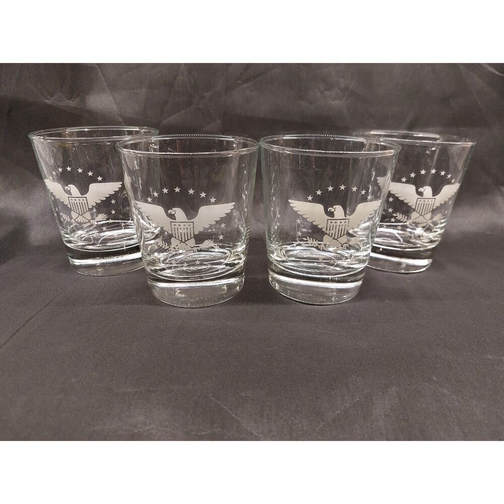 American Federal Eagle Shield Etched Frosted Rocks Glasses Set Of 4 Vintage